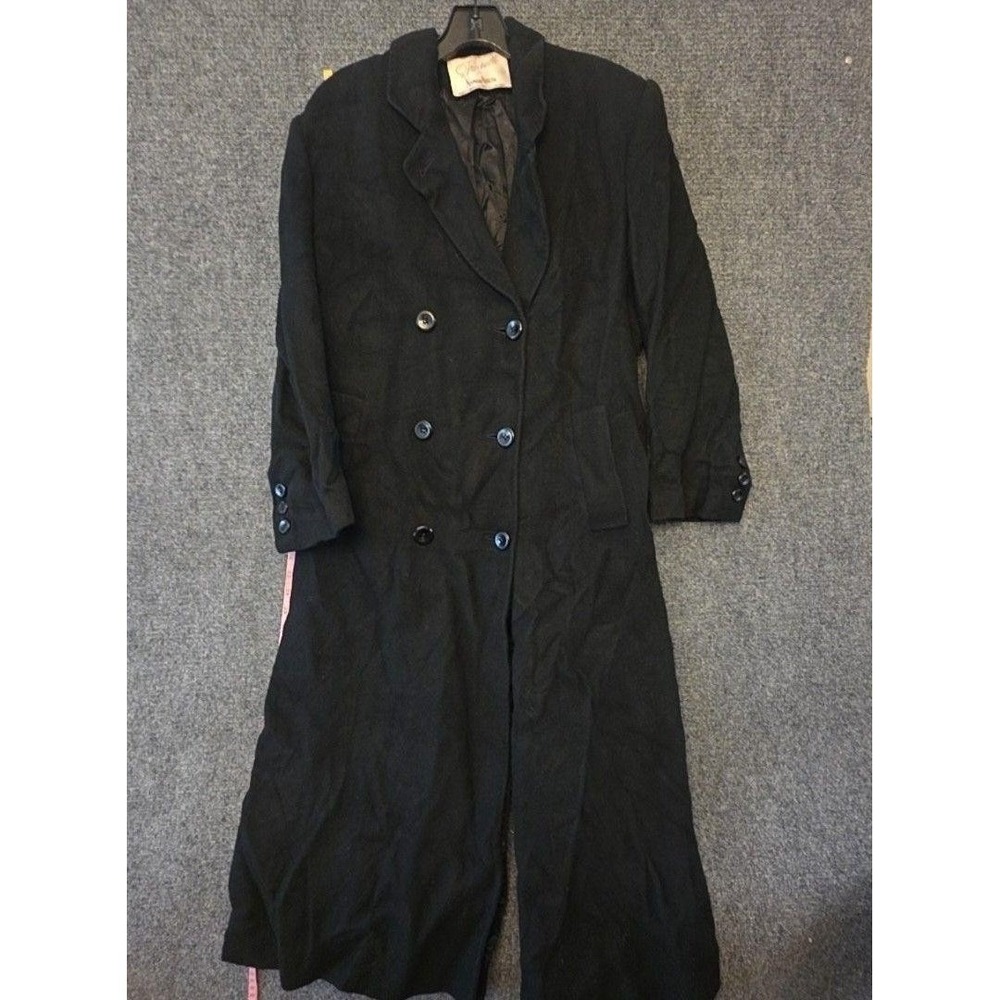 Vintage Fleurette Coat Womens Large Black Camel Hair Long Overcoat Belted Lined